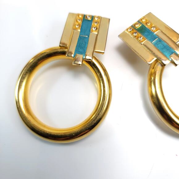 Large Gold Hoop Earrings with Turquoise Accent Retro Statement Jewelry for Women - Picture 4 of 10